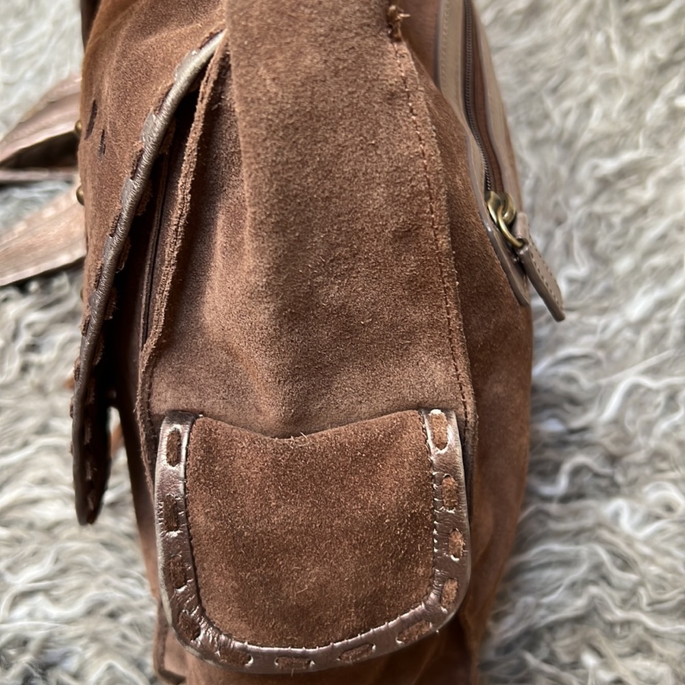 Brown Suede Leather Crossbody Handbag Gorgeous Metallic Boho Bag Leather Putse - Picture 4 of 16
